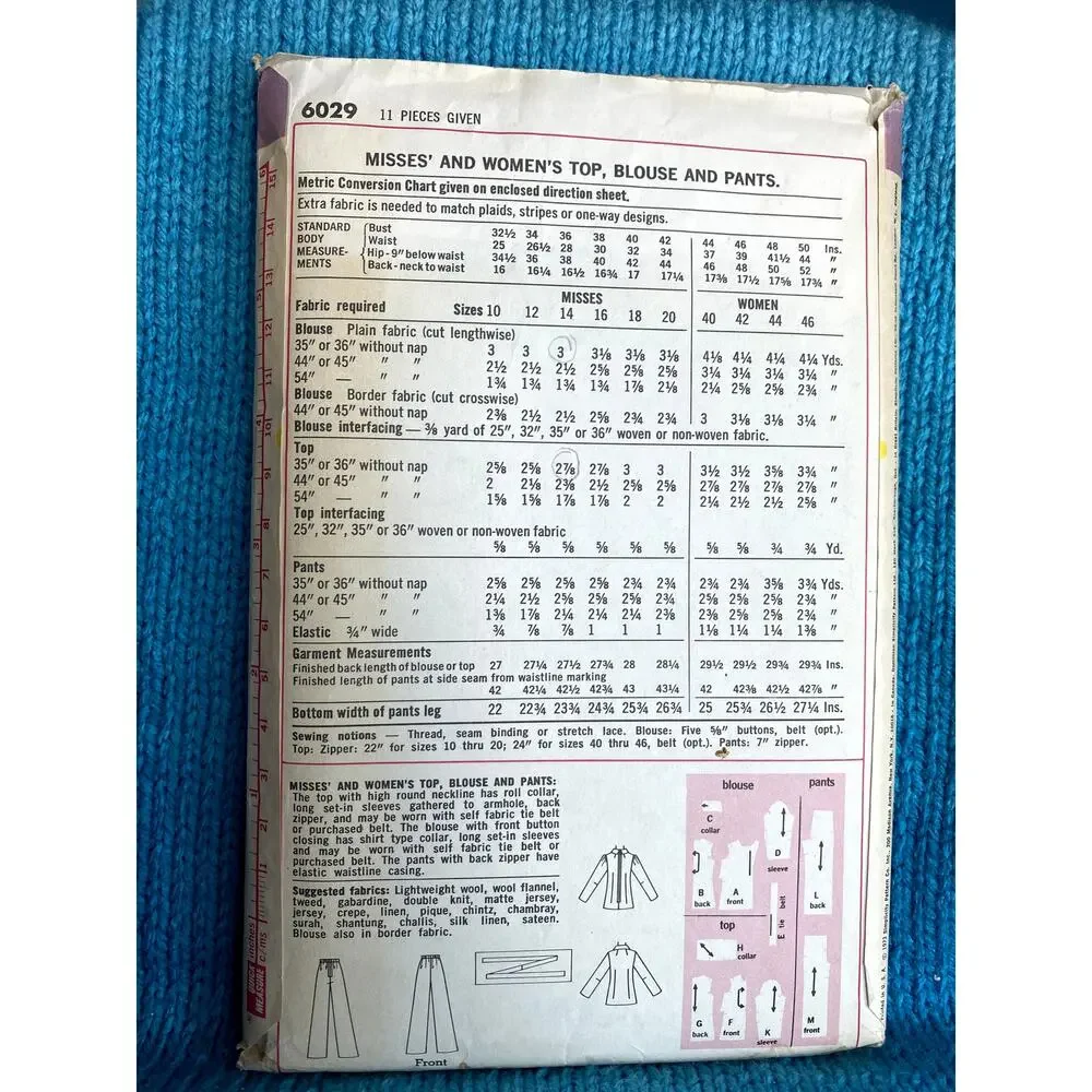 Simplicity 6029 Sewing pattern Wide leg pant top blouse 1970s size 14